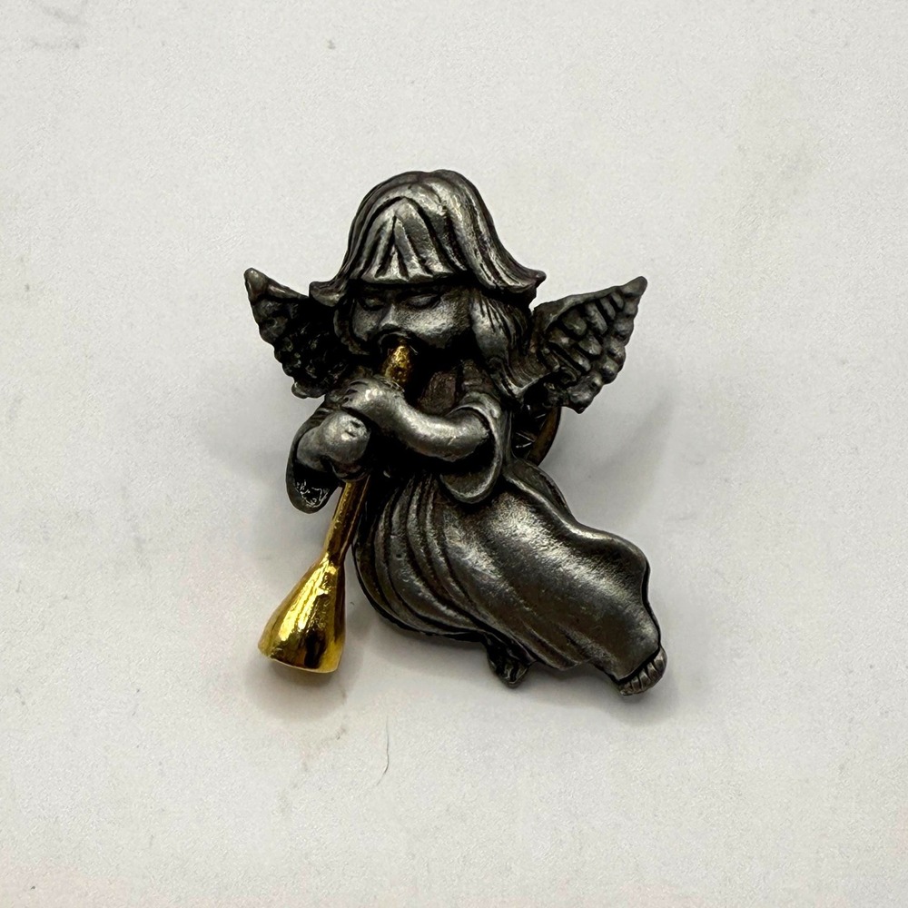 Vintage Angel Brooch Playing‎ Trumpet – Religious Holiday Statement Pin